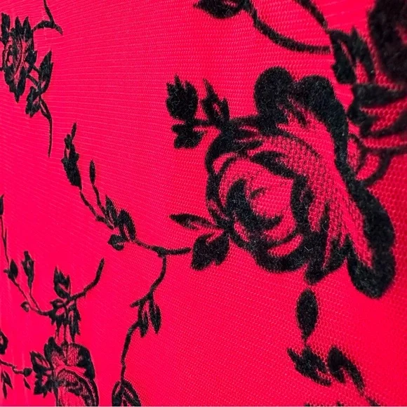 Vintage Y2K Small Whimsigoth Red Maxi Dress Black Velvet Roses Overlay Strappy